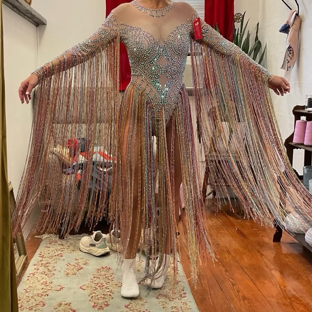 Stunning Rhinestone Fringe Bodysuit